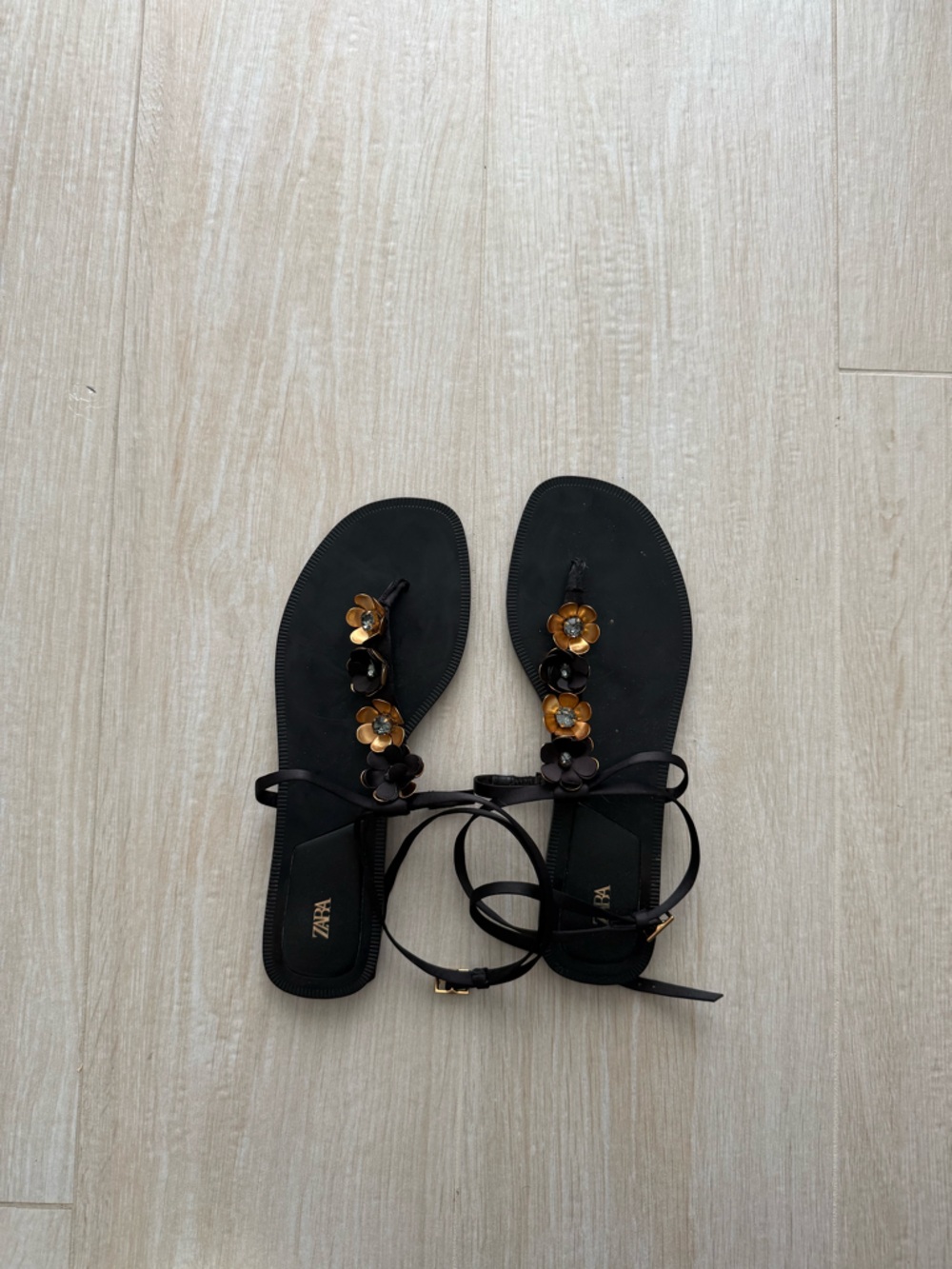 ZARA Black Sandals with Gold Floral Accents